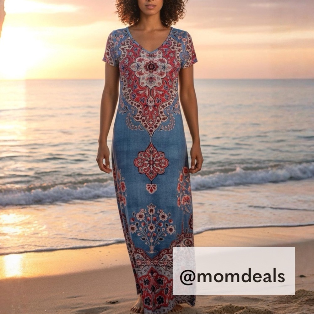 NEW Unbranded Boho Tribal Maxi V Neck Dress Elastic Floor Length Medium Red Blue